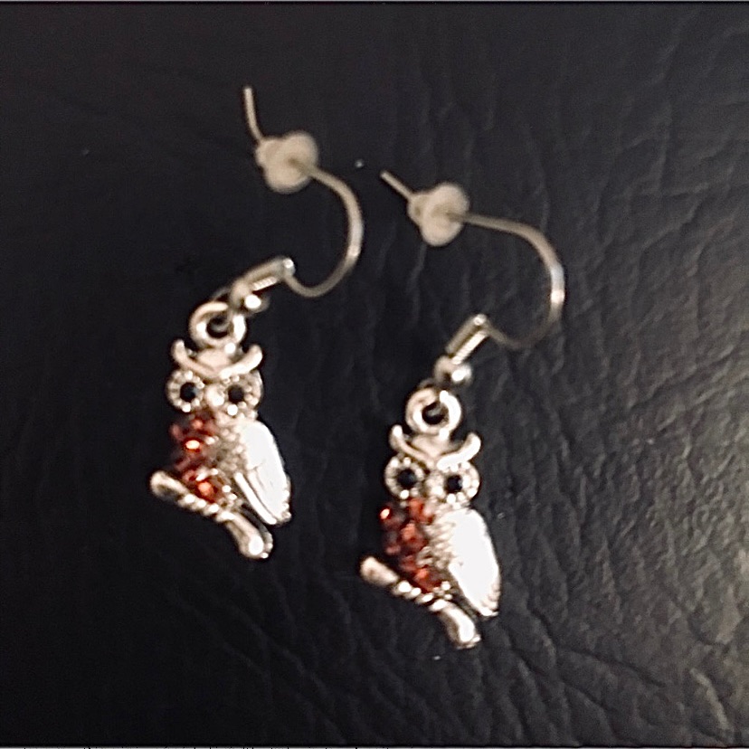 Antique Silver Owl Earrings With Brown Crystals New